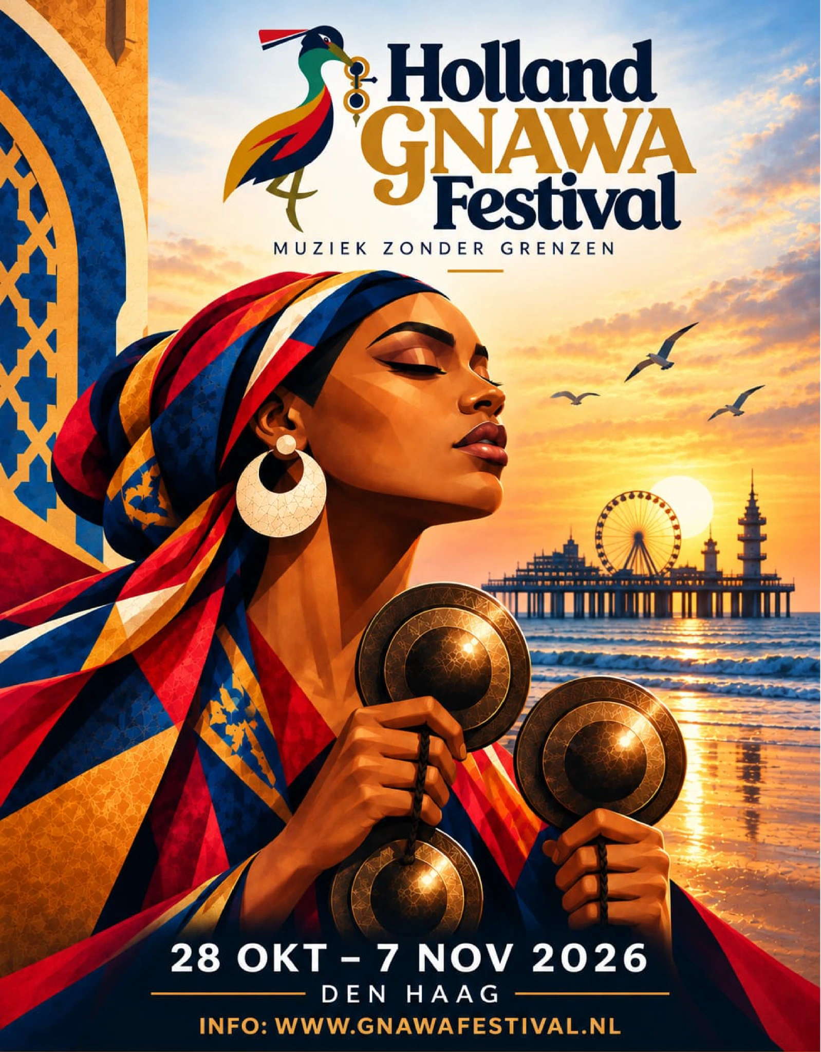 Affiche Holland Gnawa Festival 2026: 28 oktober tot en met 7 november, Den Haag, muziek zonder grenzen