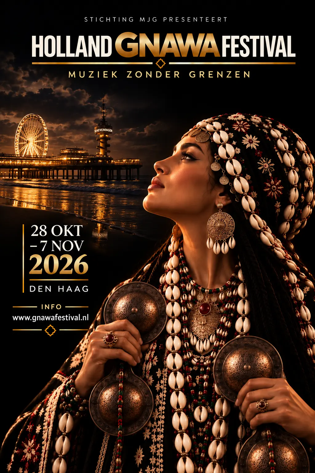 Affiche Holland Gnawa Festival 2026: 28 oktober tot en met 7 november, Den Haag, muziek zonder grenzen